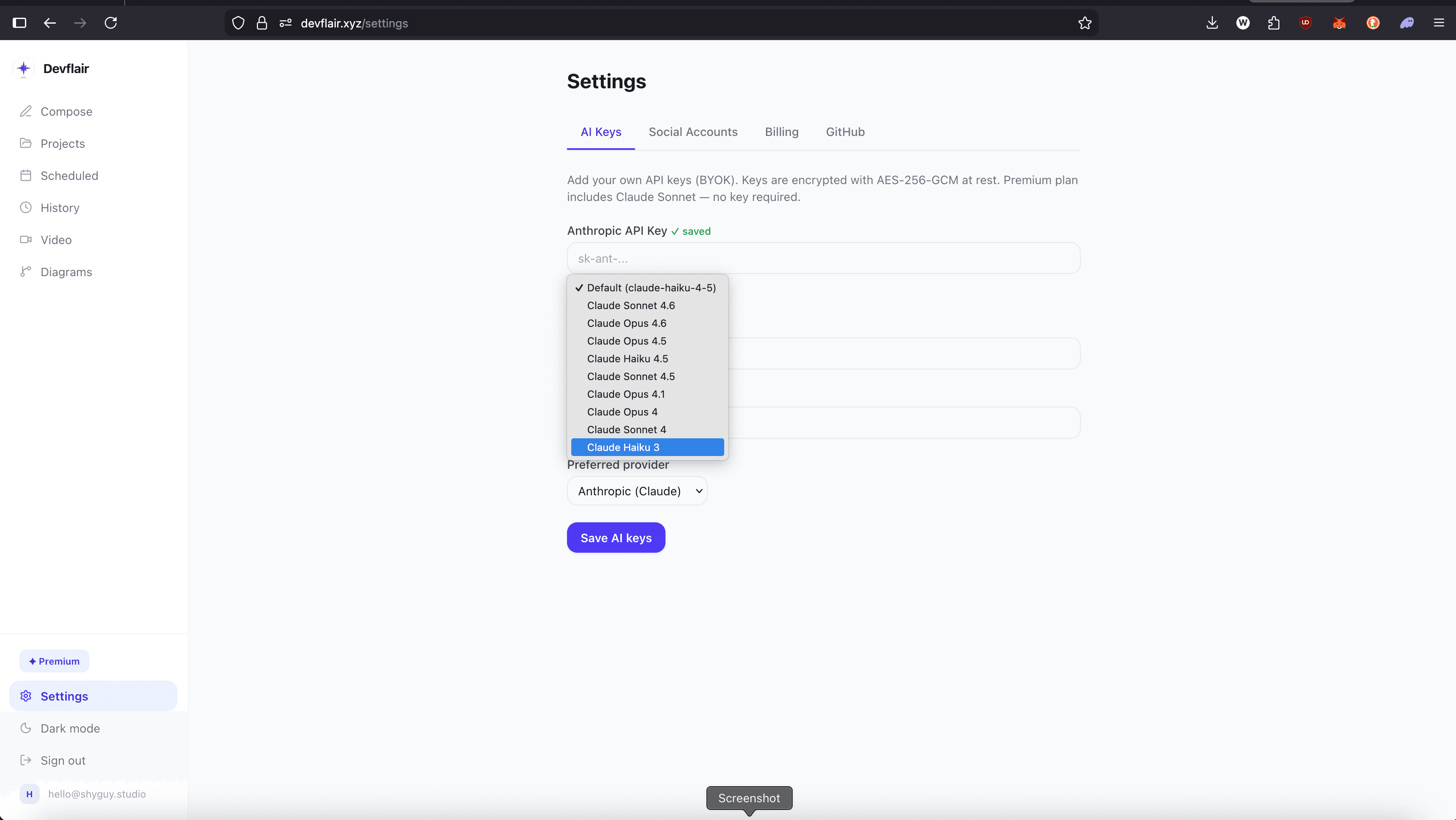 AI Keys settings showing provider tabs and model selector