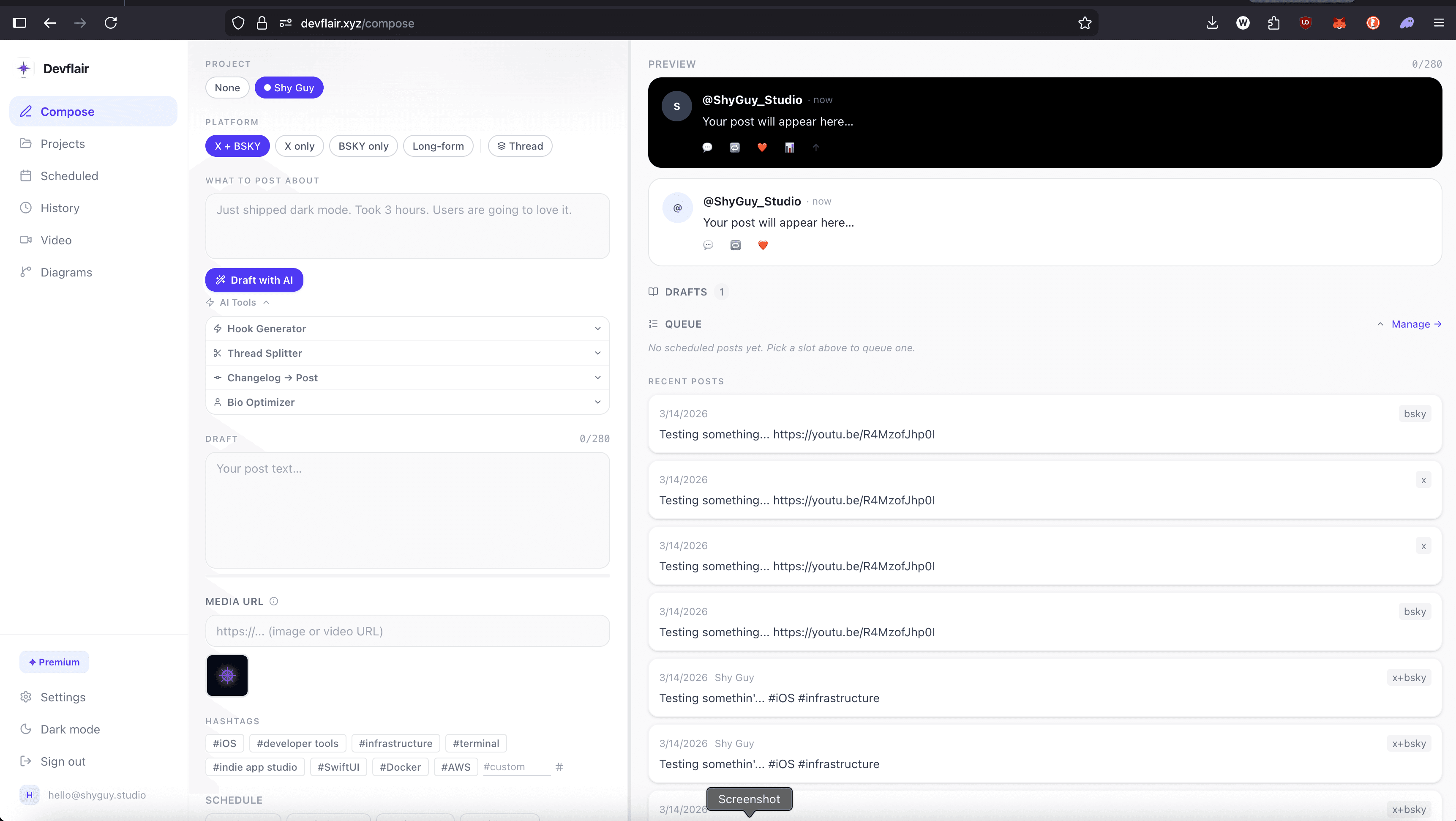 Compose page with AI draft, hashtags, and live preview