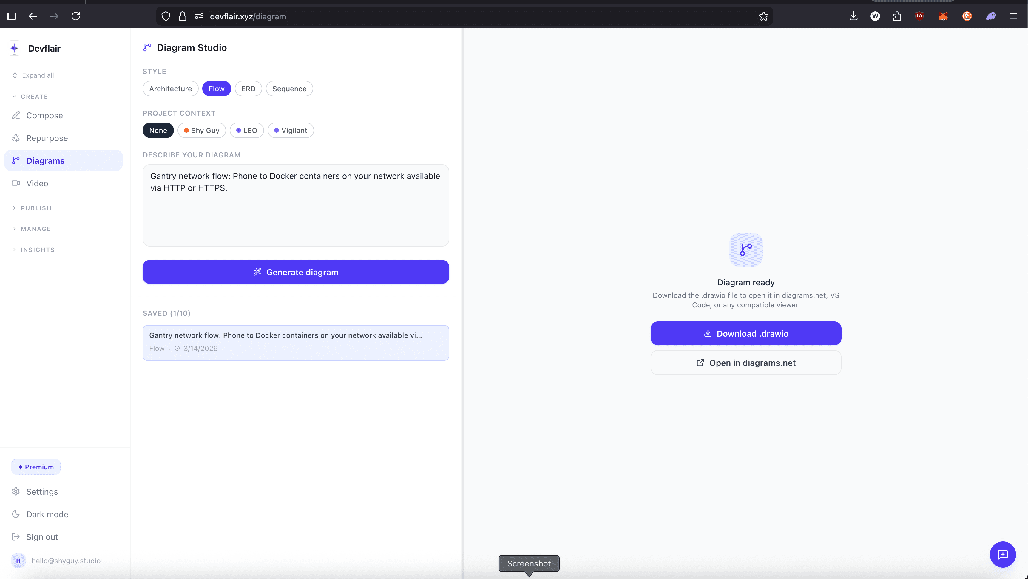 Diagram Studio with architecture diagram rendered