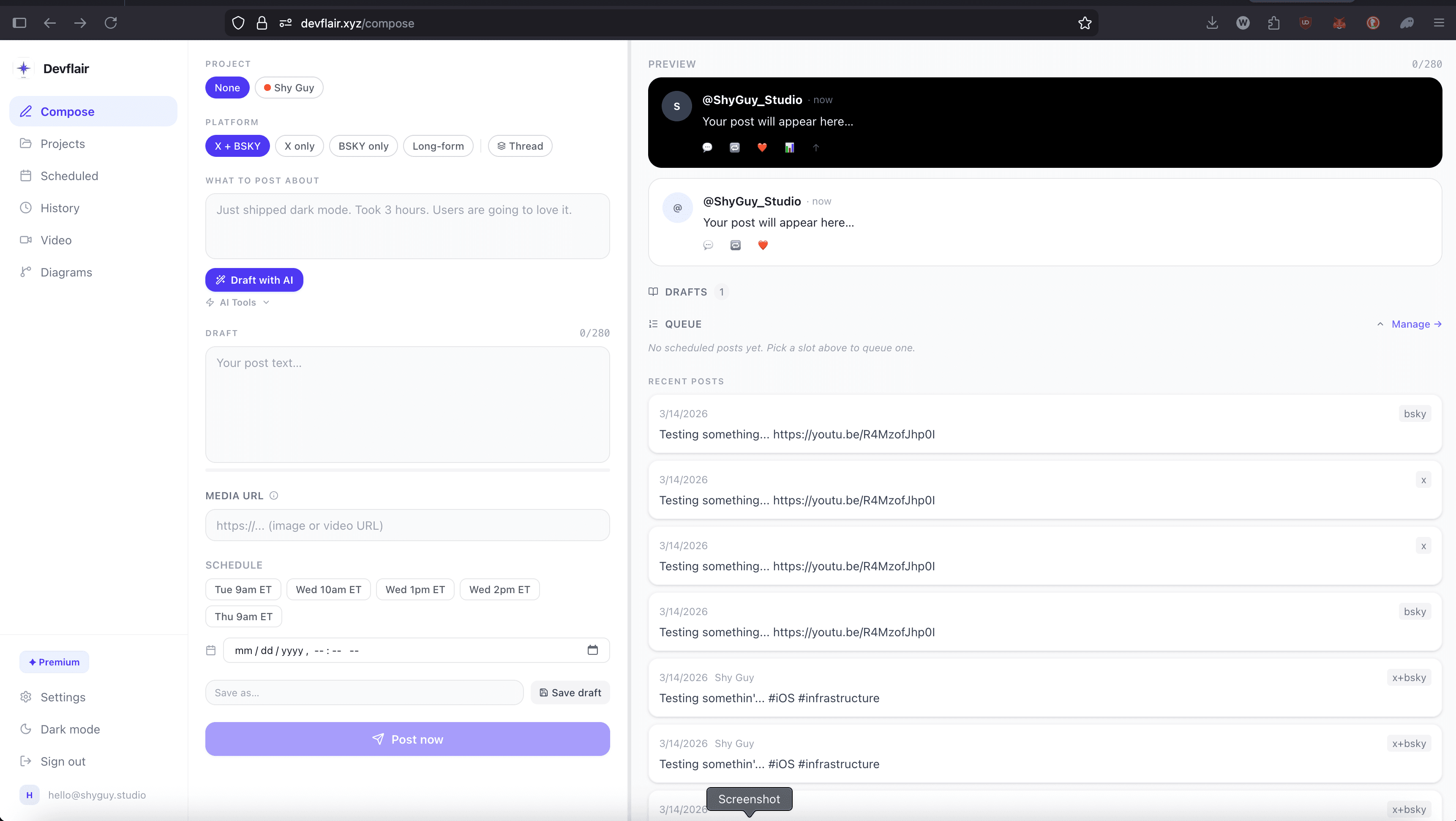 The Compose page showing notes, AI draft, and live preview