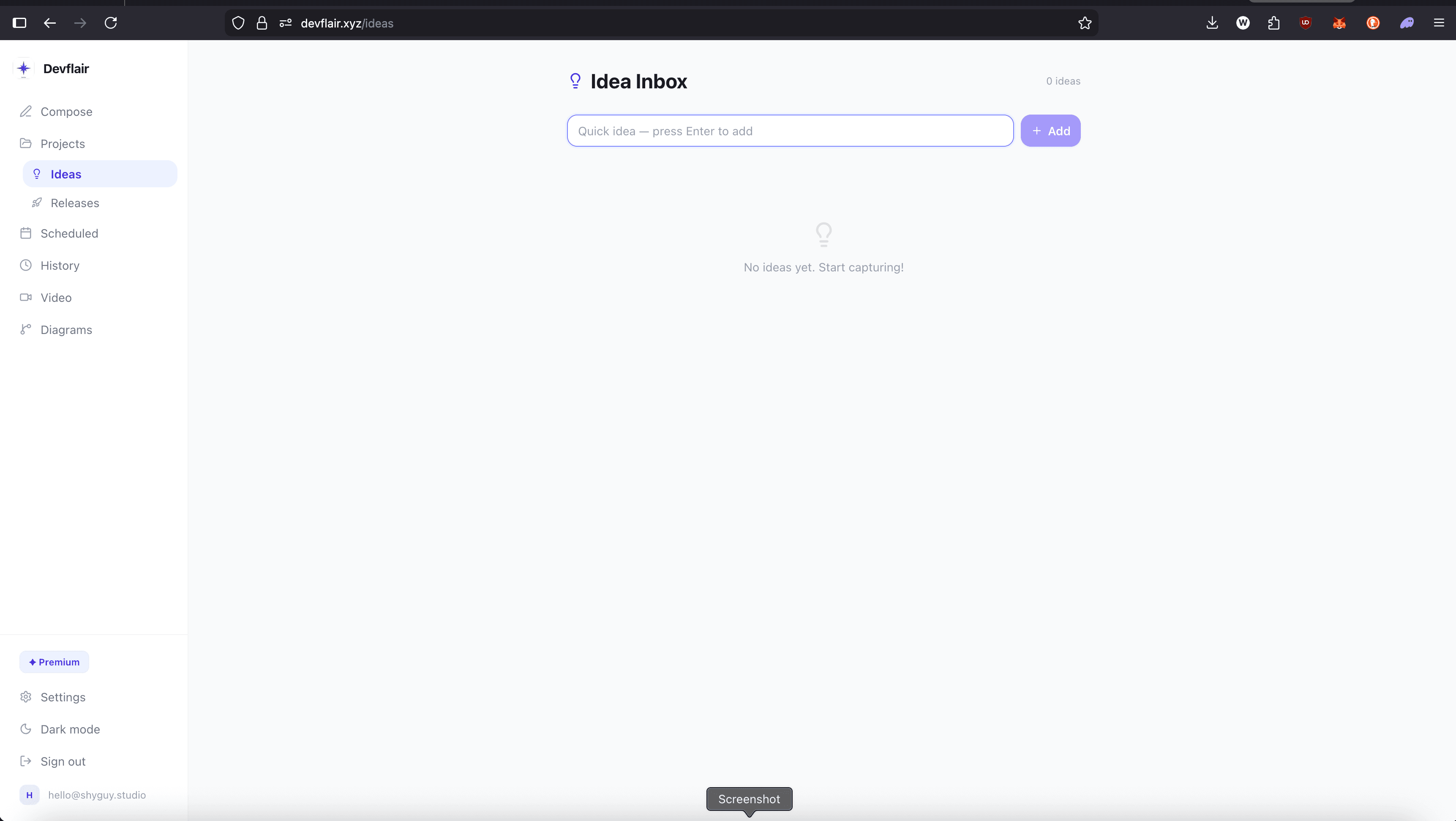 Idea Inbox with quick-capture and idea cards