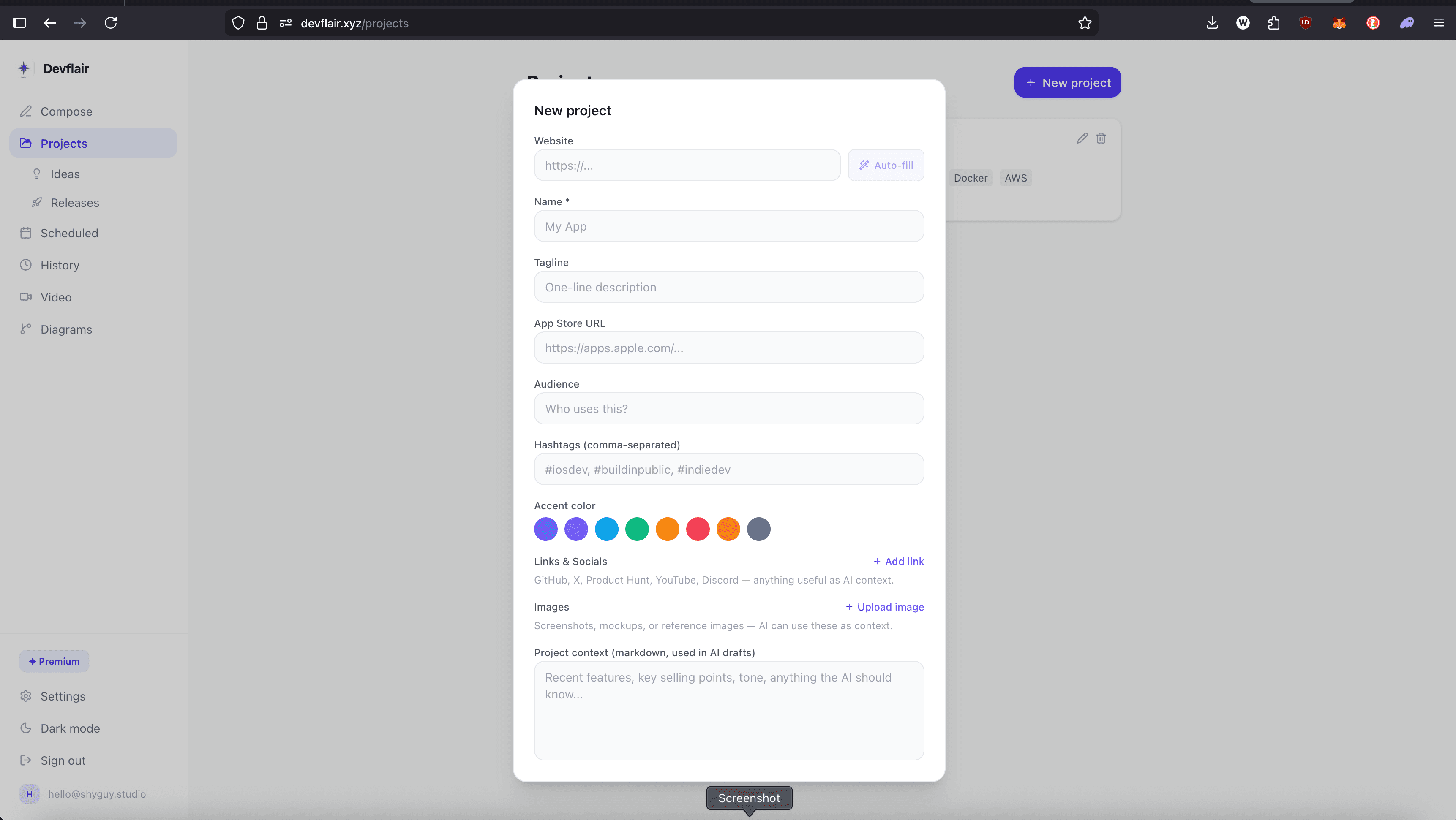 New Project form with auto-fill active