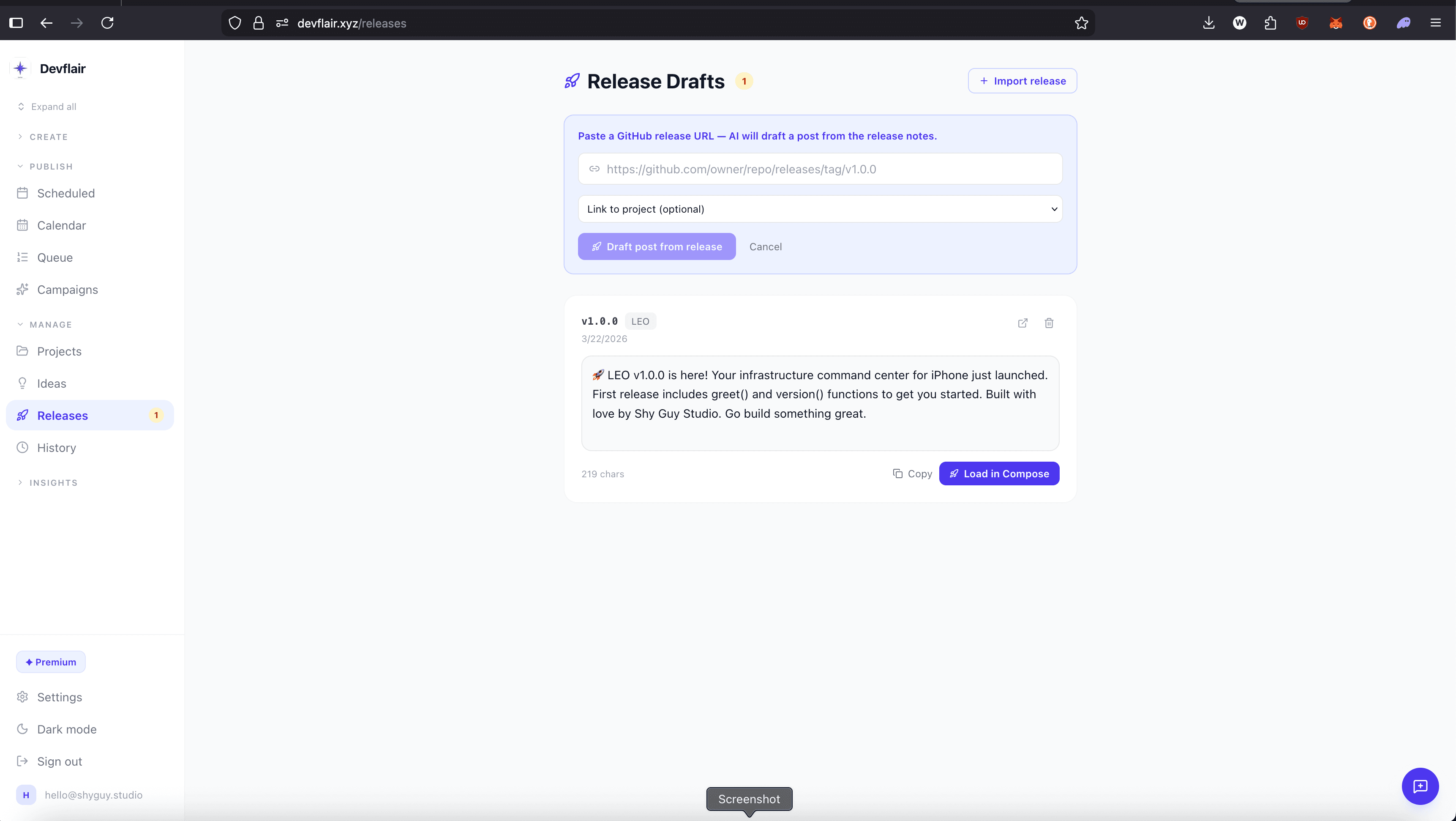 Release Drafts page showing auto-generated post from GitHub release