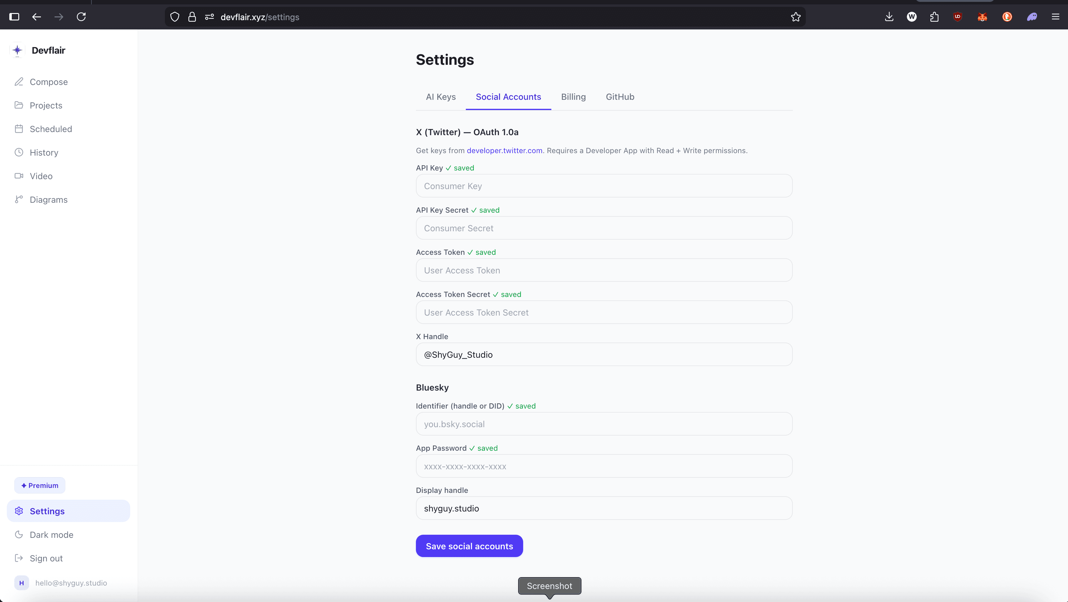 Settings → Social Accounts tab